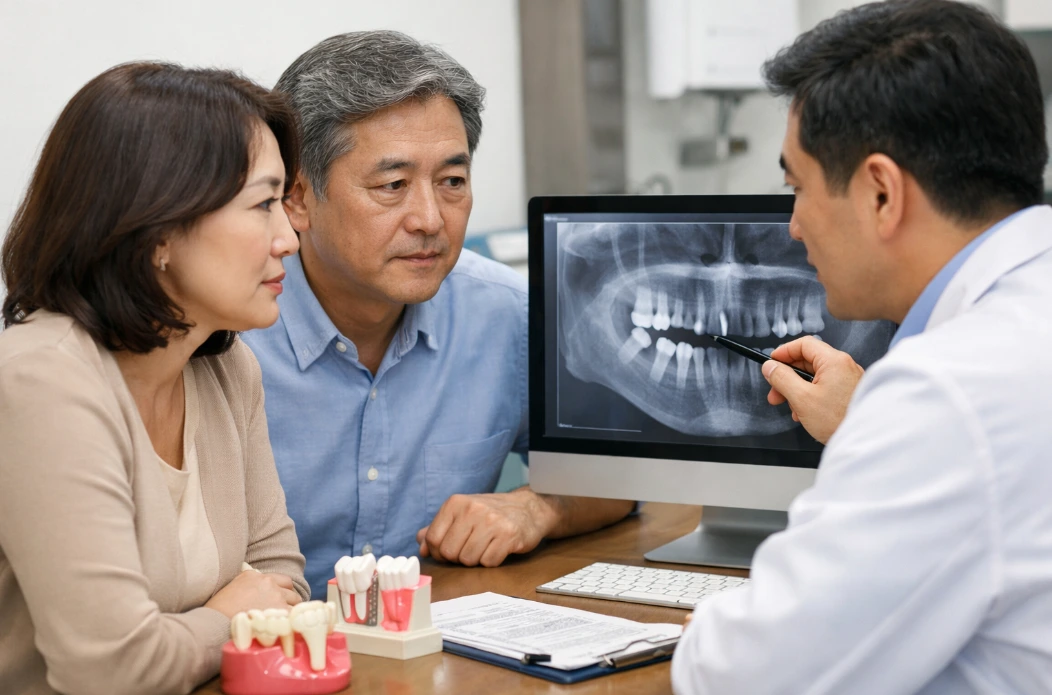 임플란트 뼈이식 상담 중 X-ray 화면을 보며 보험 적용과 비용 부담을 고민하는 40~50대 성인 모습
