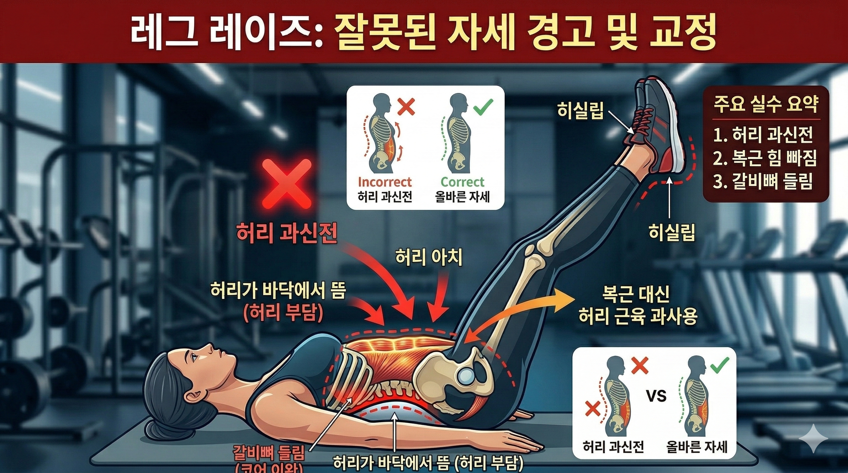 레그레이즈 허리 뜸 복근 운동 잘못된 자세 허리 과신전