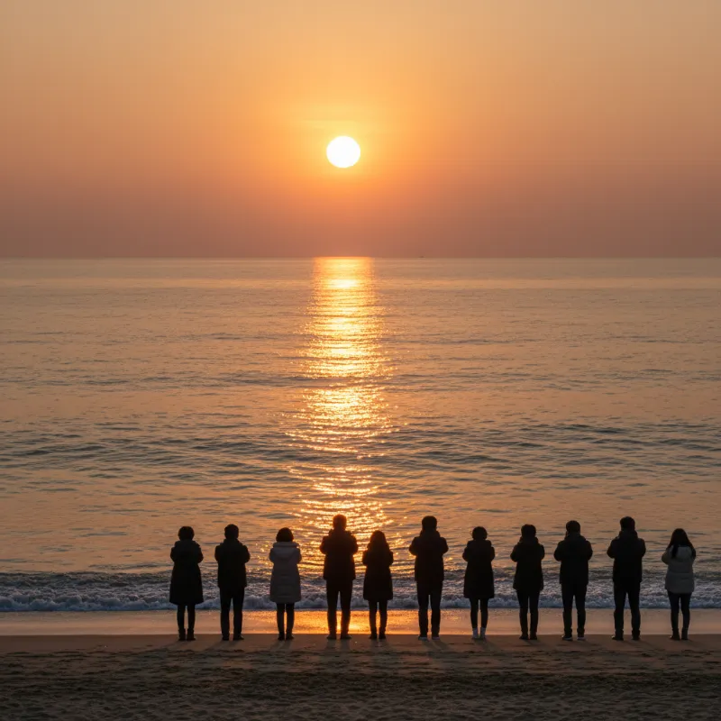 2026년 새해 동해 수평선 위로 떠오르는 장엄한 일출과 소원을 비는 사람들의 실루엣