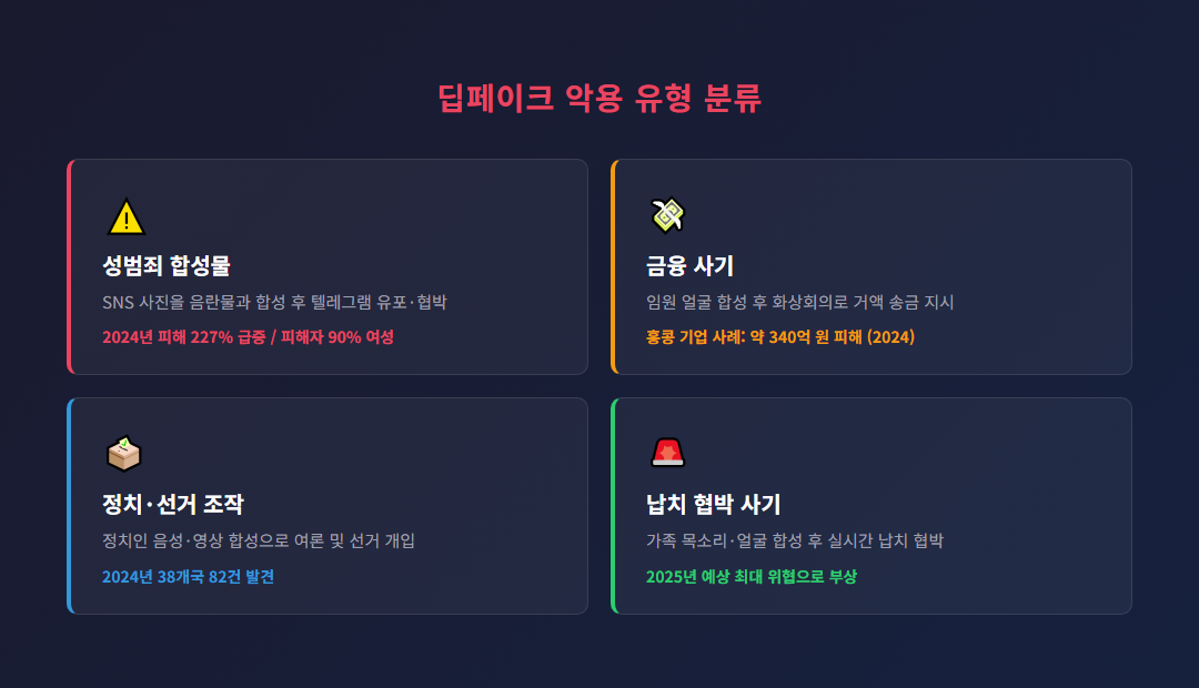 딥페이크 악용 유형 분류 카드 (성범죄&middot;금융사기&middot;정치조작&middot;납치협박
