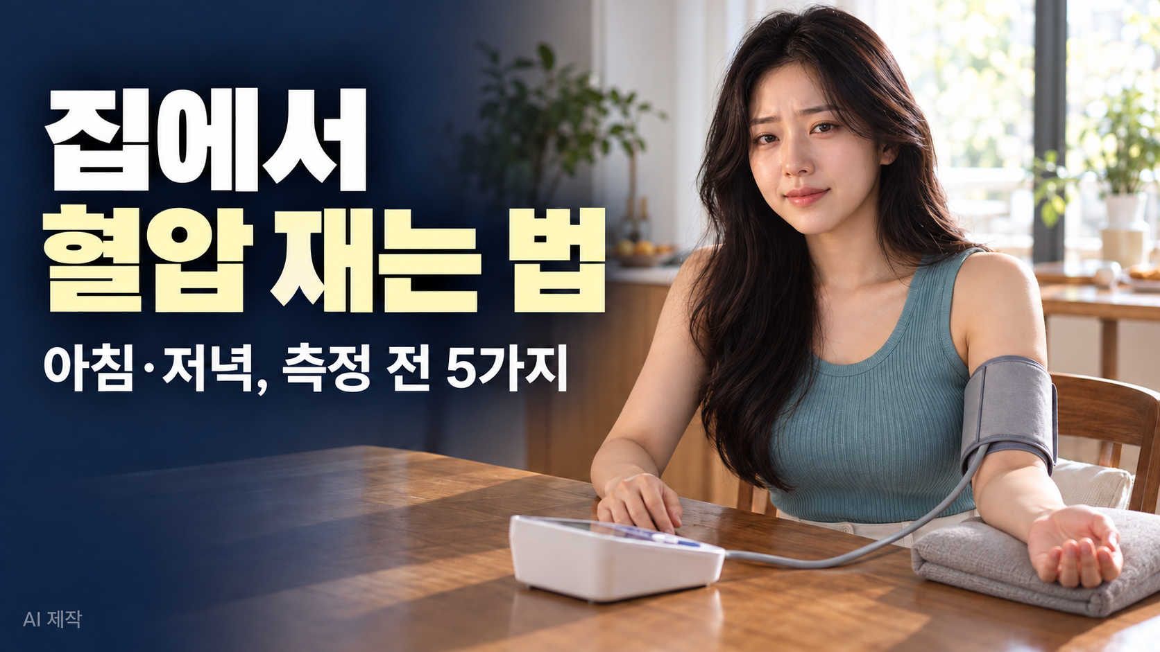 식탁에서 위팔 혈압계로 혈압을 재는 여성과 집에서 혈압 재는 법 안내