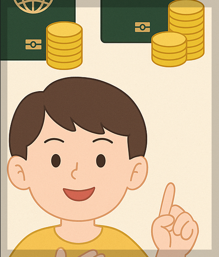 노란색 옷을 입은 남자아이가 손을 들며 설명하는 모습. 옆에는 여권 두 권과 동전이 쌓여 있는 이미지가 함께 나타남. 이는 여권 발급 수수료가 존재하며, 종류나 나이에 따라 다름을 상징함