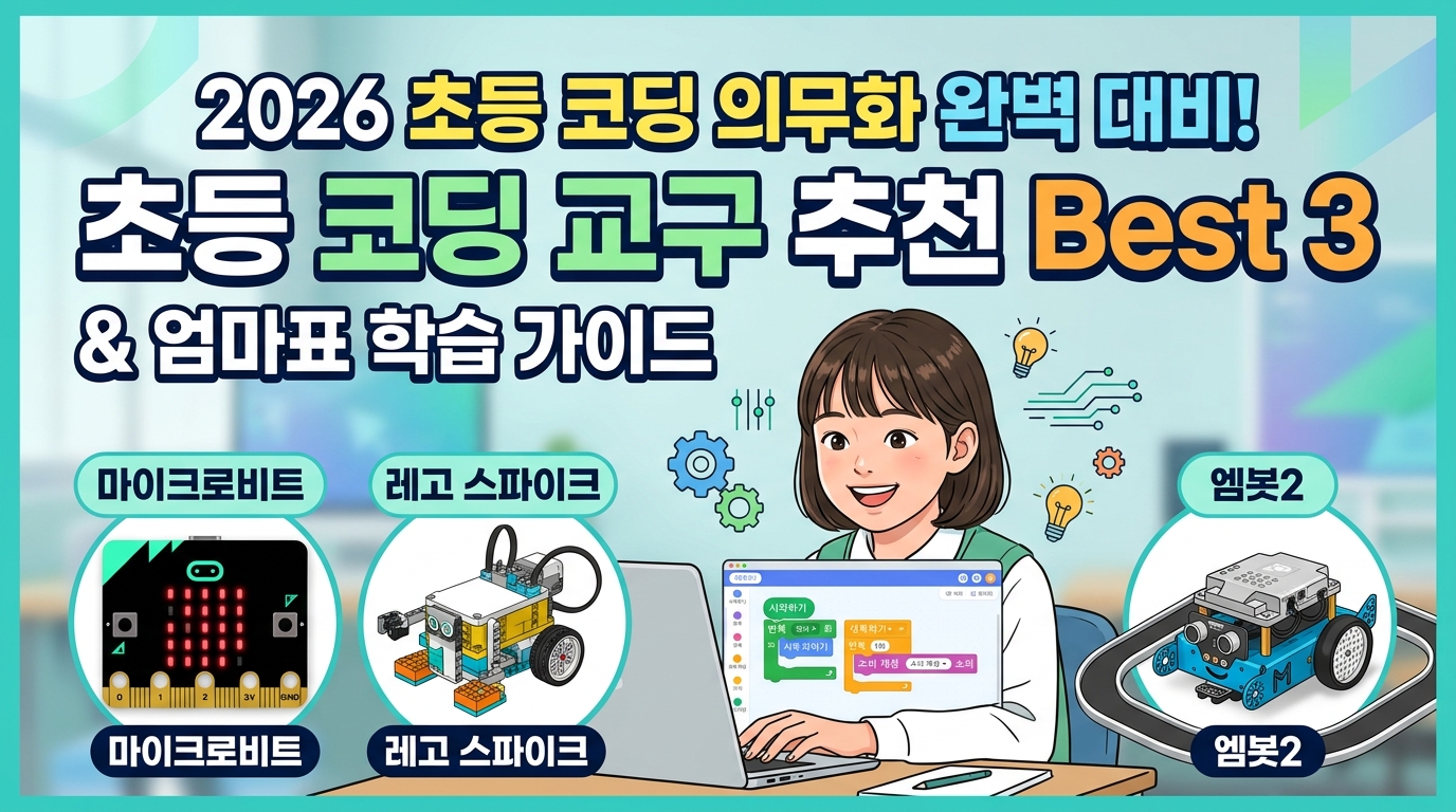 2026년 초등 코딩 의무화 대비 엔트리, 마이크로비트, 레고 스파이크 프라임, 엠봇2 코딩 교구 추천 및 엄마표 학습 가이드 썸네일