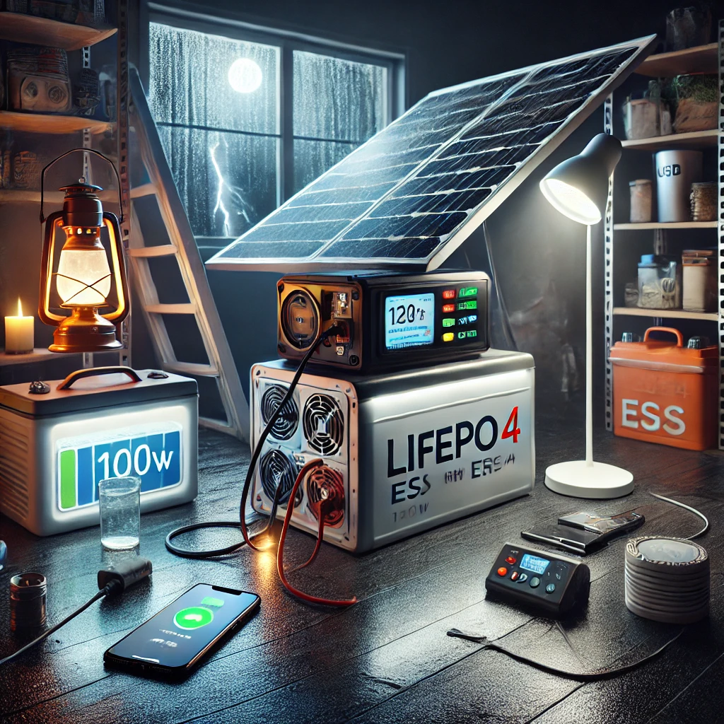 재난 대비용 ESS 전력 시스템 – 스마트폰, LED 조명, 냉장고 등 최소 전기만 사용하며 실시간 전력 상태 확인 중인 셋업