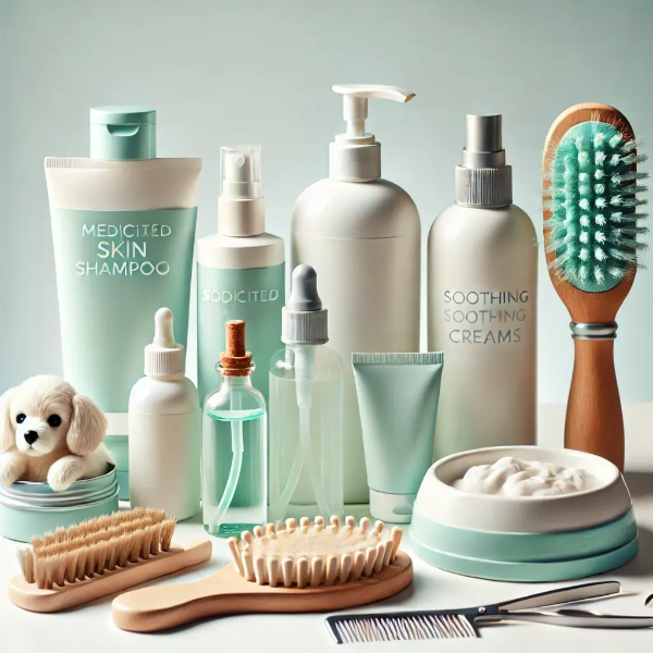 하얀 배경 위에 정리된 강아지 피부 관리용 제품들의 전문 스튜디오 촬영 사진