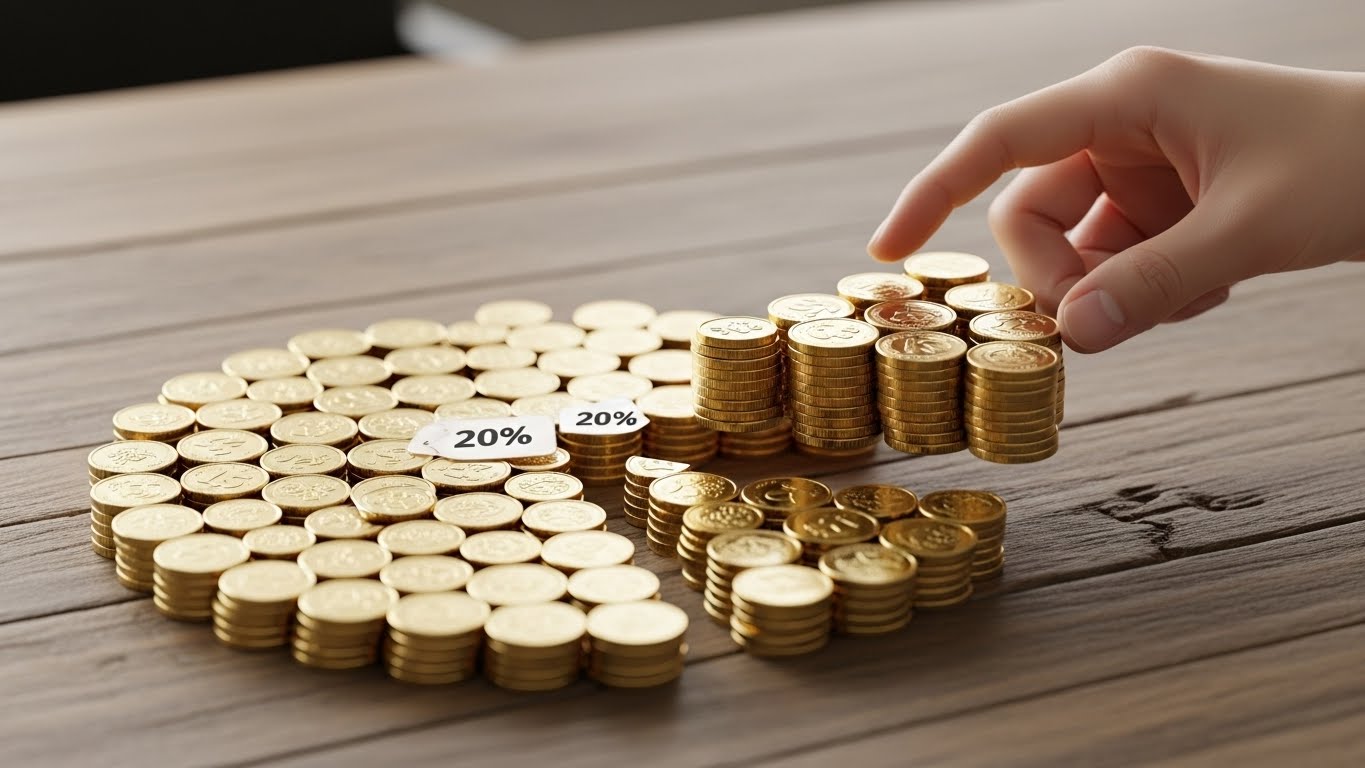 전자책 판매 시 작가가 가져가는 높은 수익 비율을 금화 파이 차트로 시각화한 이미지