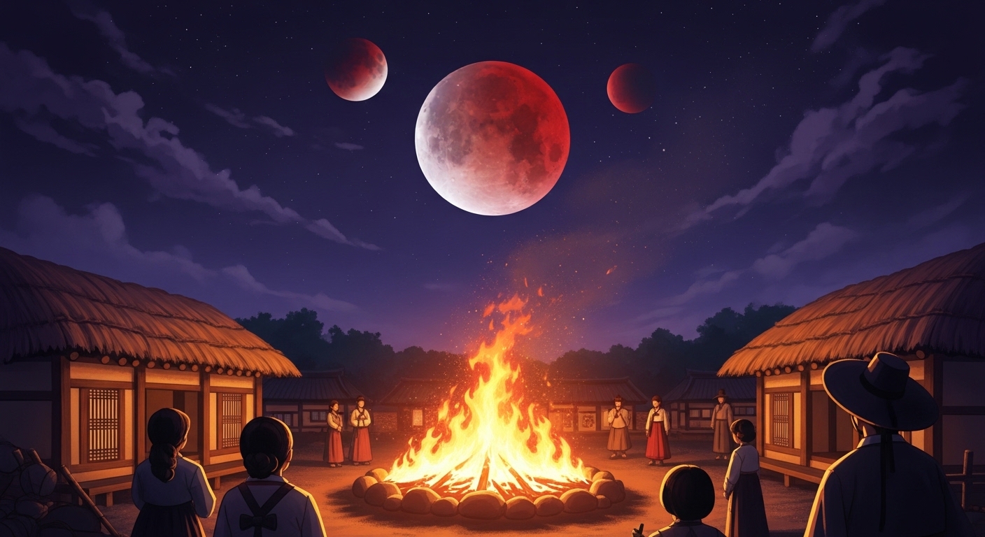 2026년 정월 대보름, 붉게 물든 개기월식을 배경으로 활활 타오르는 달집과 전통 복장을 한 사람들이 어우러진 신비로운 밤 풍경.