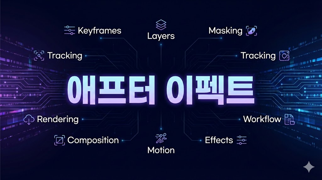 애프터 이펙트의 핵심 기능인 키프레임, 레이어, 마스킹, 트래킹, 렌더링, 익스프레션, 컴포지션, 모션 그래픽, 시각 효과, 워크플로우를 상징하는 전문적인 인포그래픽 디자인.