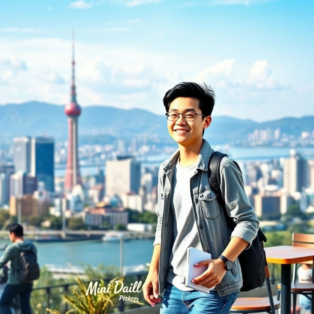 서울의 상징적인 건물(예: 남산타워, 한강)을 배경으로, 청년이 밝은 표정으로 앞을 향해 걸어가거나, 노트북으로 작업하거나, 아이디어를 구상하는 모습을 그립니다. 역동적이고 희망적인 분위기로 청년들의 열정과 가능성을 강조합니다.