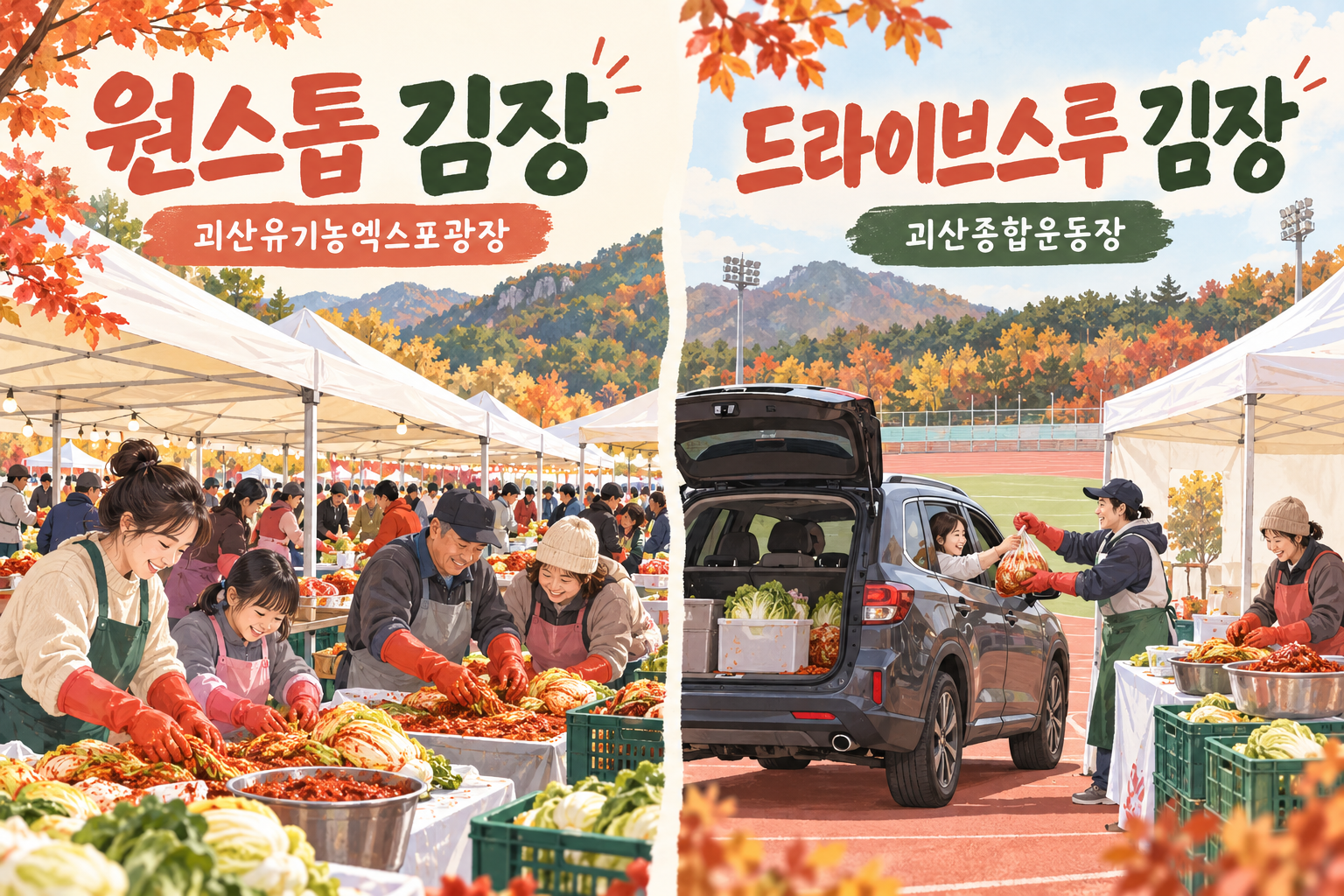 괴산유기농엑스포광장 원스톱 김장과 괴산종합운동장 드라이브스루 김장 비교