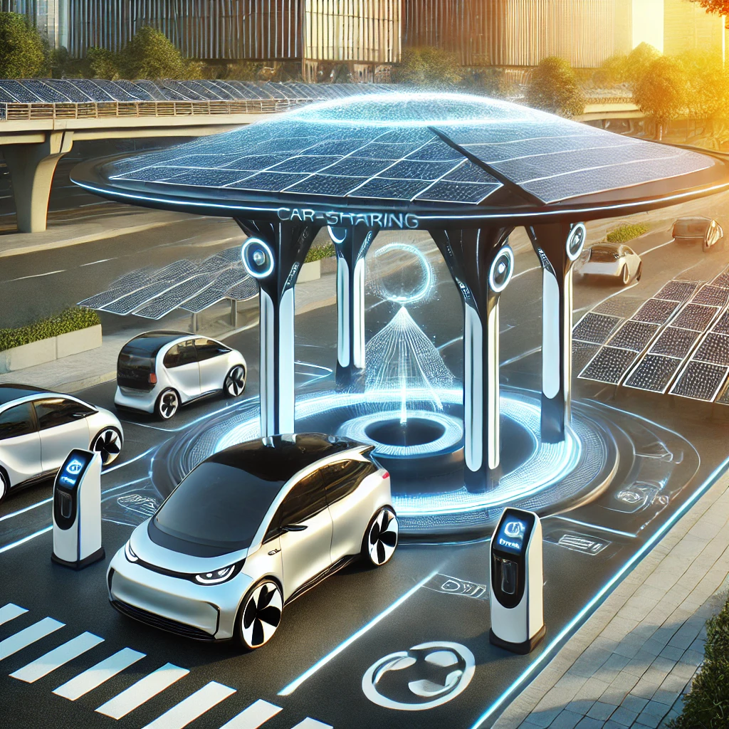 전기차와 자율주행 차량이 장착된 미래형 차량 공유 허브. 디지털 간판과 태양광 패널을 통합하여 혁신, 지속 가능성, 첨단 기술을 강조한 모습