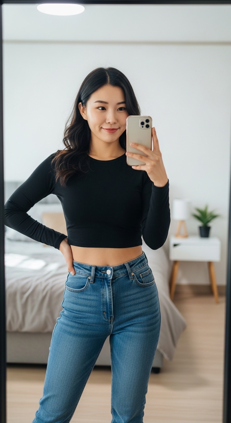 거울 셀카를 찍으며 자신의 코디에 만족해하는 여성의 모습