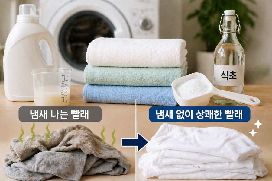 세제 사용과 세탁 방법으로 빨래 냄새 없애는 방법 비교 이미지