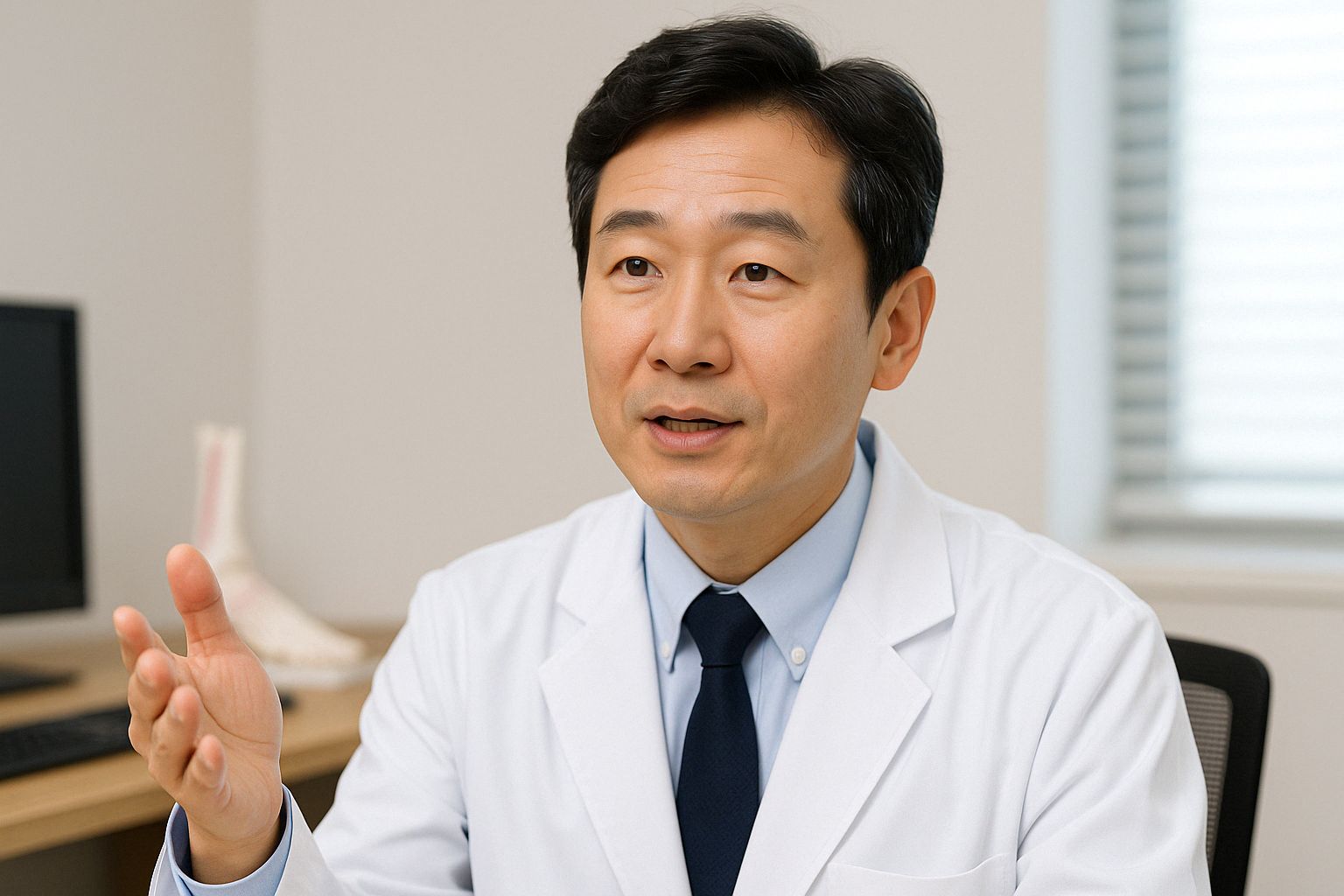 진료실에서 흰 가운을 입은 한국인 중년 의사가 환자에게 손을 들어 설명하고 있다