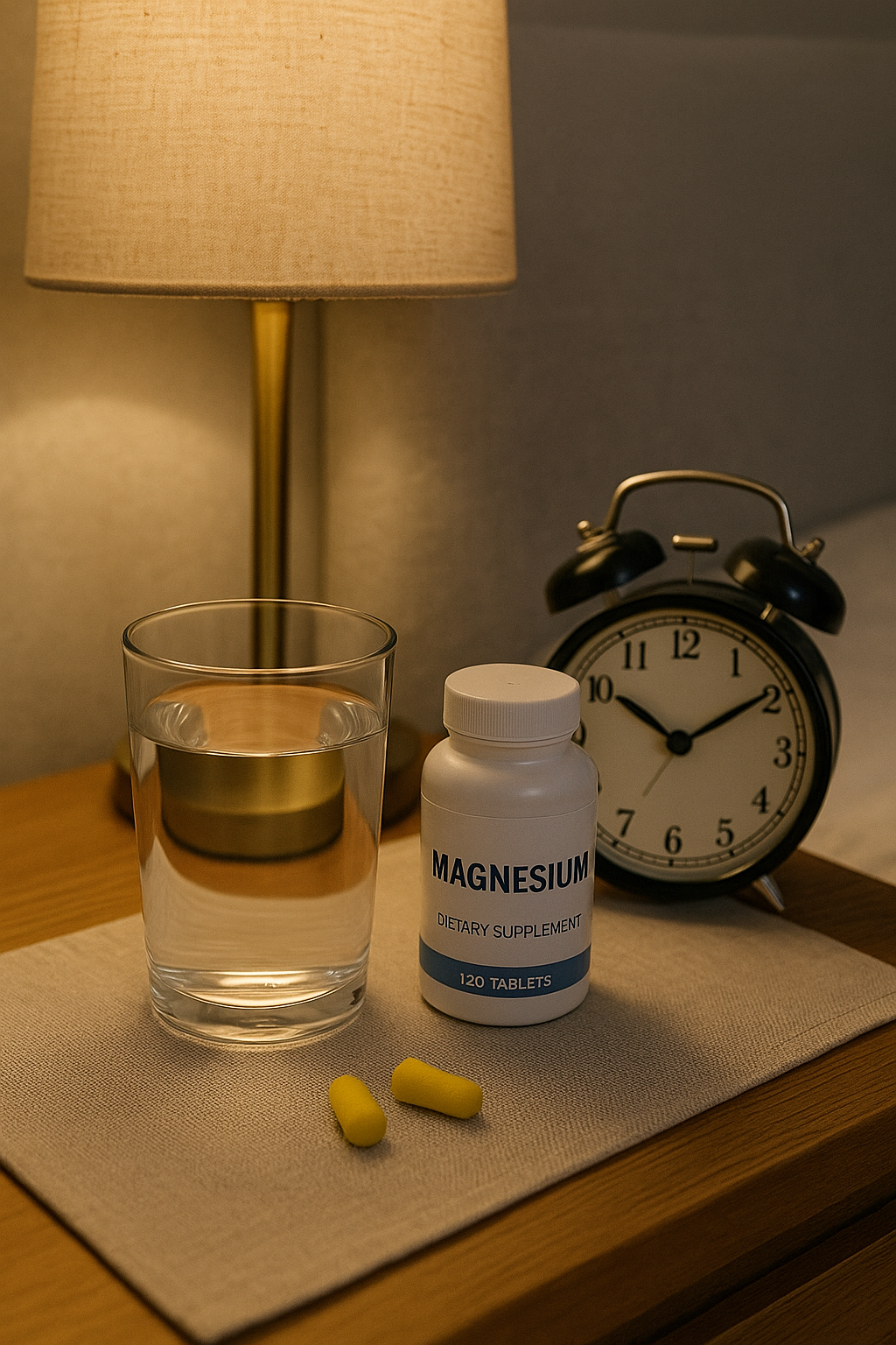침대 머리맡 탁자 위 유리잔과 마그네슘 보틀, 알람시계가 놓인 야간 루틴 장면