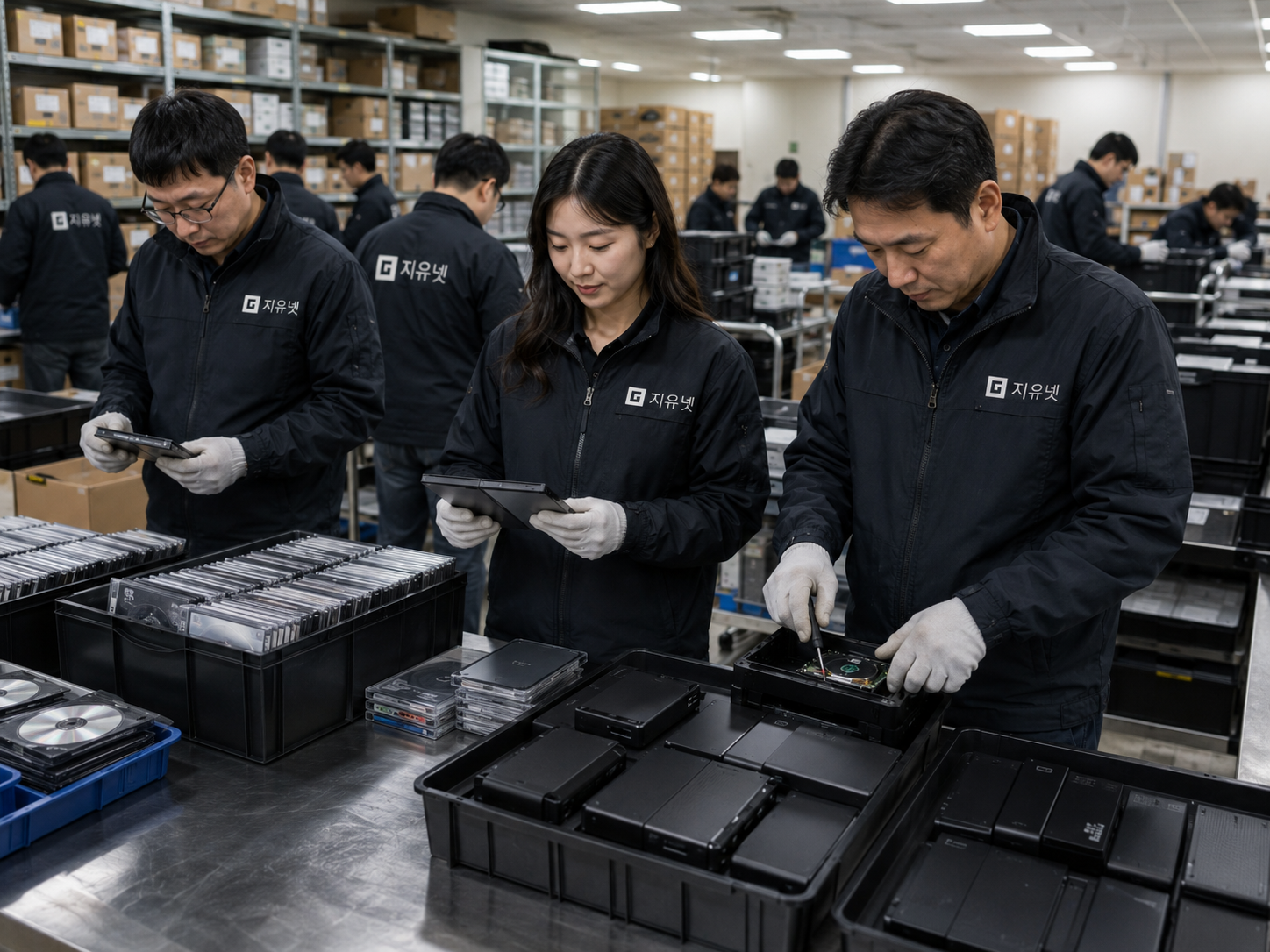 DVD와 외장하드를 서로 다른 파기 기준으로 나누고 외장하드 내부 저장장치 여부를 확인하는 장면