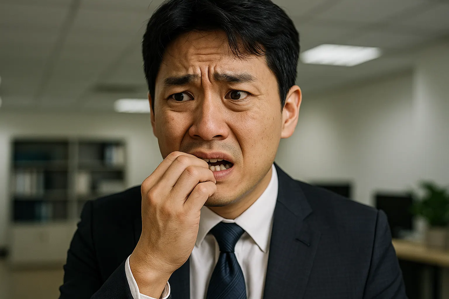 스트레스를 받은 직장인이 한쪽 손톱을 깨물며 불안한 표정을 짓는 모습