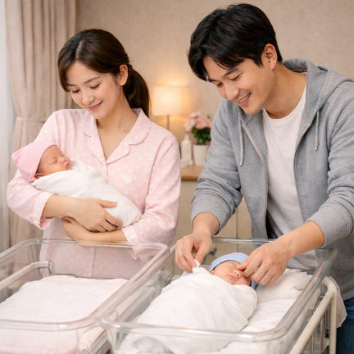 산후조리원에서 쌍둥이 신생아를 돌보는 부모 모습, 아기를 안고 있는 엄마와 신생아 침대에서 케어하는 아빠