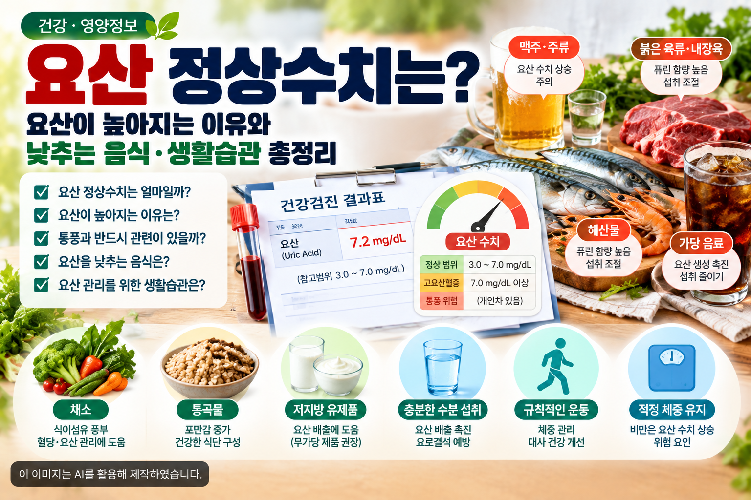 요산 정상수치와 요산이 높아지는 이유, 통풍과의 관계 및 요산을 낮추는 음식과 생활습관을 정리한 건강·영양정보 이미지