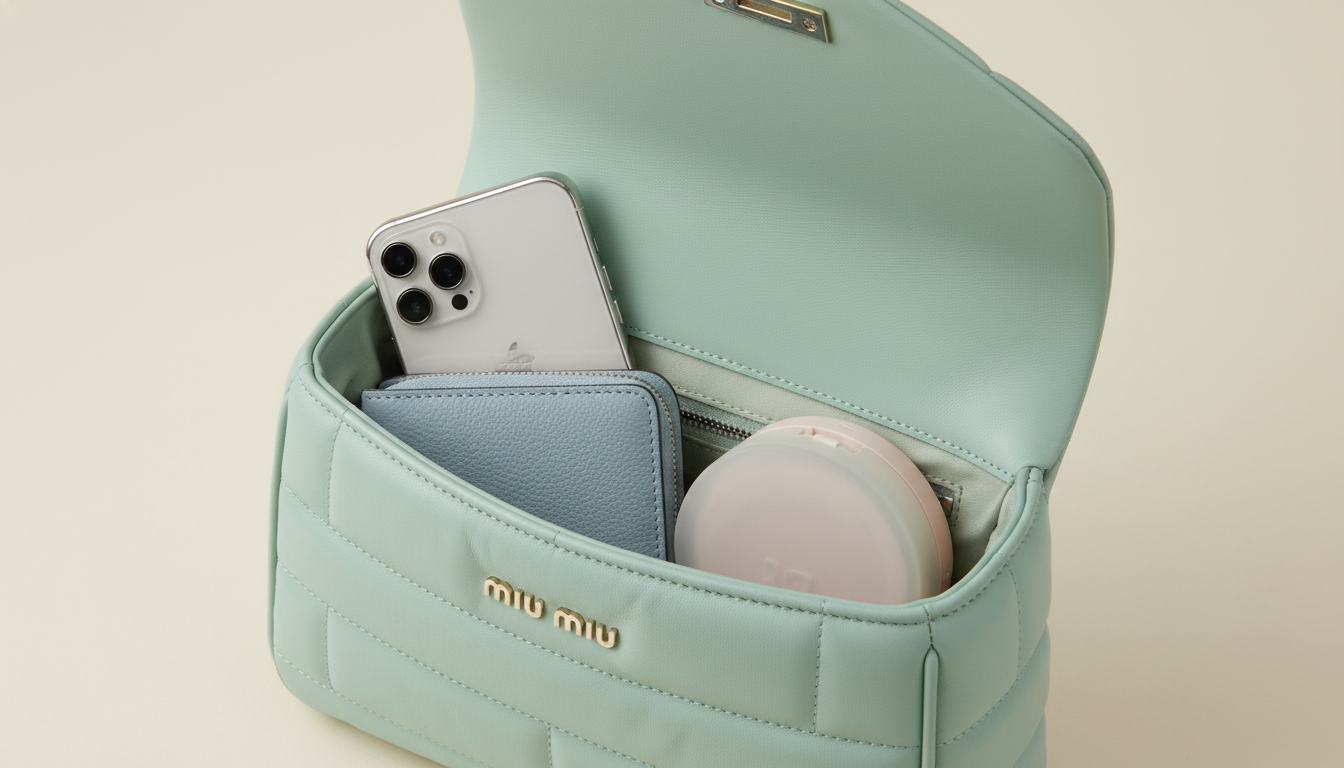 미우미우 아르카디아 백의 마테라쎄 나파 가죽 디테일과 스마트폰, 지갑 등 필수품이 수납된 내부 모습.