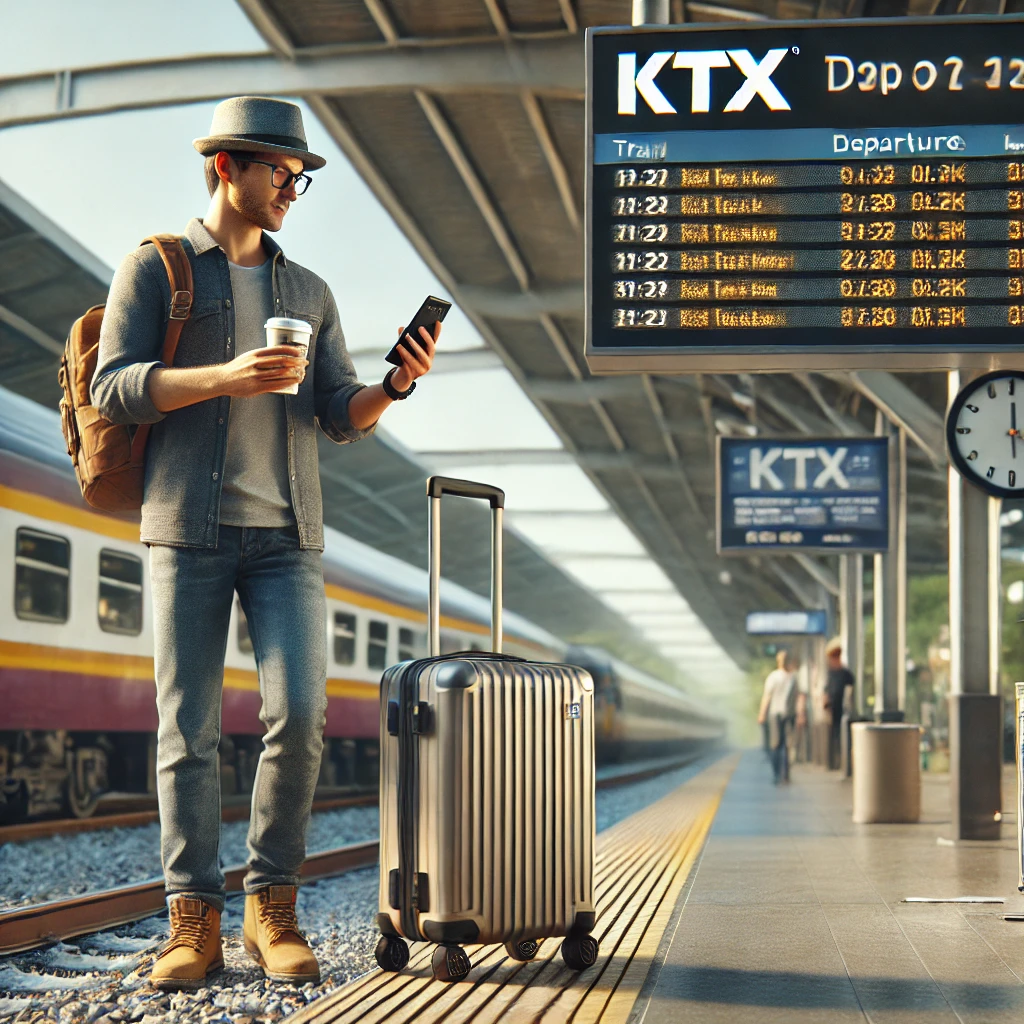 기차역에서 스마트폰으로 KTX 티켓을 확인하는 여행객의 모습
