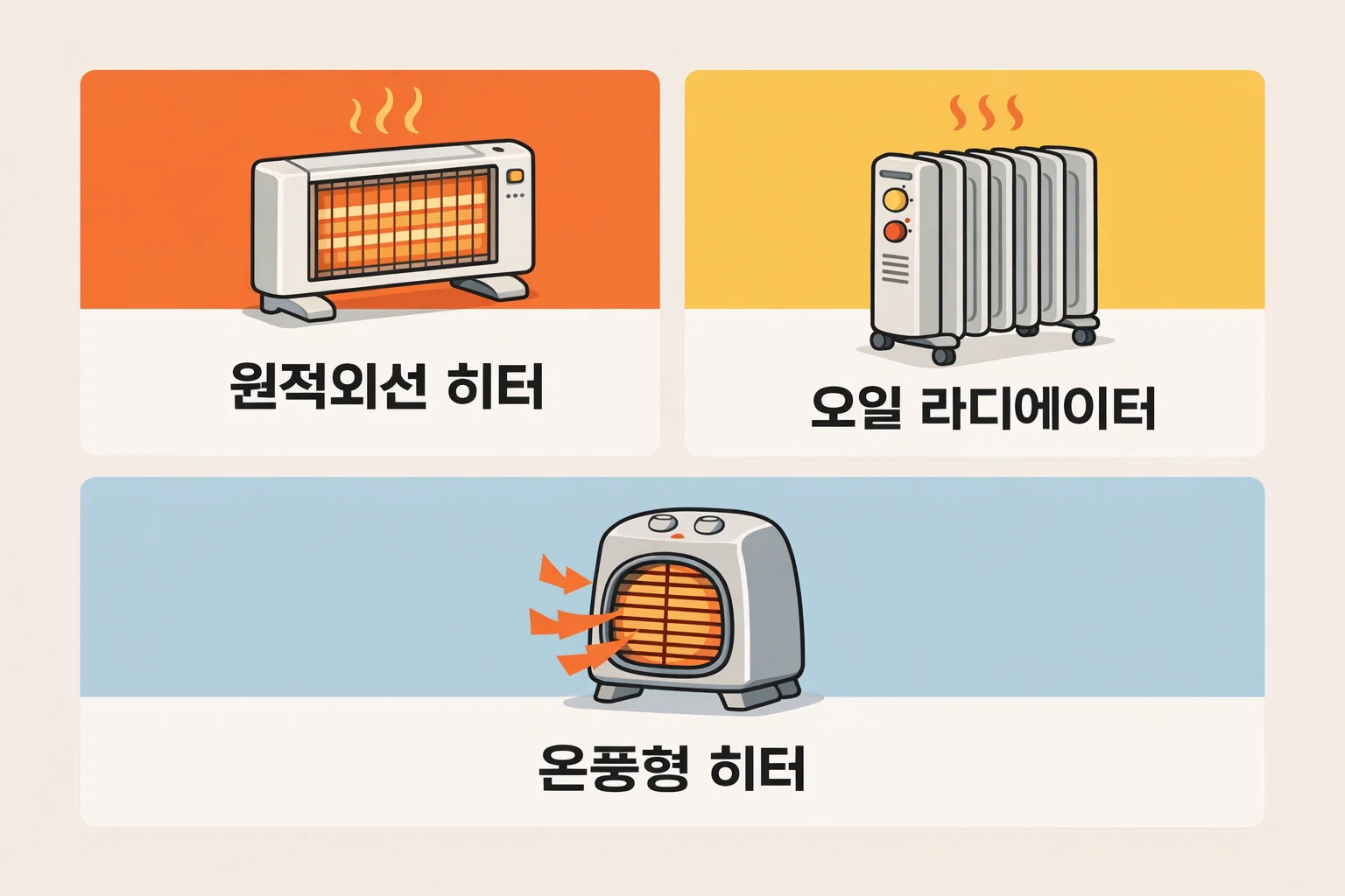 가정용 전기히터 추천을 위해 원적외선 히터, 오일 라디에이터, 온풍형 히터의 난방 방식과 실사용 효율 차이를 비교해 선택 기준을 정리한 이미지입니다