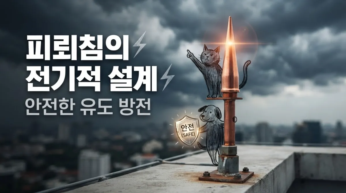 빌딩 옥상에 안전하게 설치된 현대식 피뢰침과 먹구름 낀 하늘