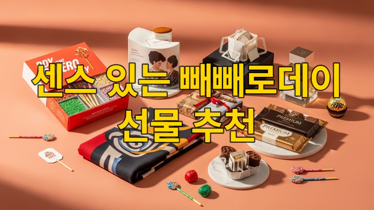 2025년 빼빼로데이 선물 아이디어 평면도. 수제 빼빼로 키트, 커플 머플러, 고급 커피 드립백, 향수, 프리미엄 초콜릿이 테라코타 배경에 놓여있다.