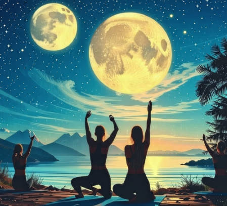 커다란 달 아래에서 요가하는 사람들의 뒷모습