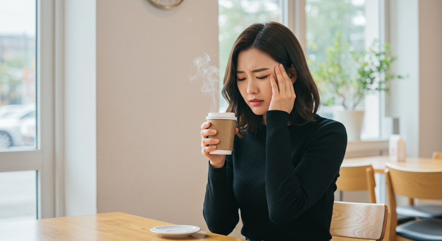 두통을 느끼며 커피를 마시려하는 여자