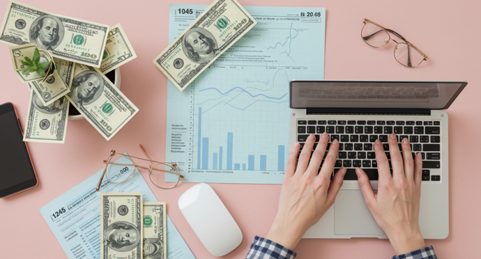 세금 서류와 달러 사이에서 주식 차트를 보는 사람