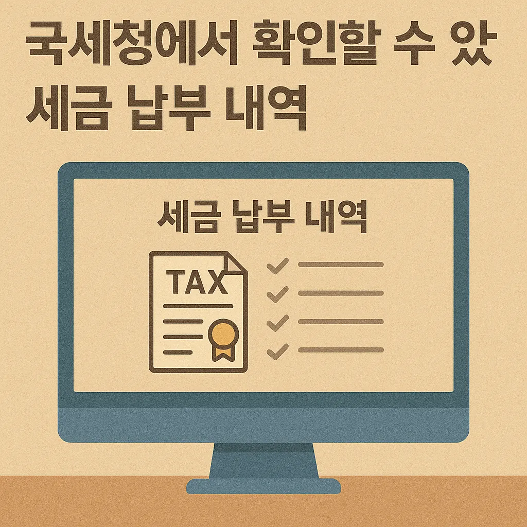 국세청-홈페이지에서-확인할-수-있는-세금-납부-내역을-표현한-일러스트로-컴퓨터-화면에-tax-문서와-체크리스트가-나타남