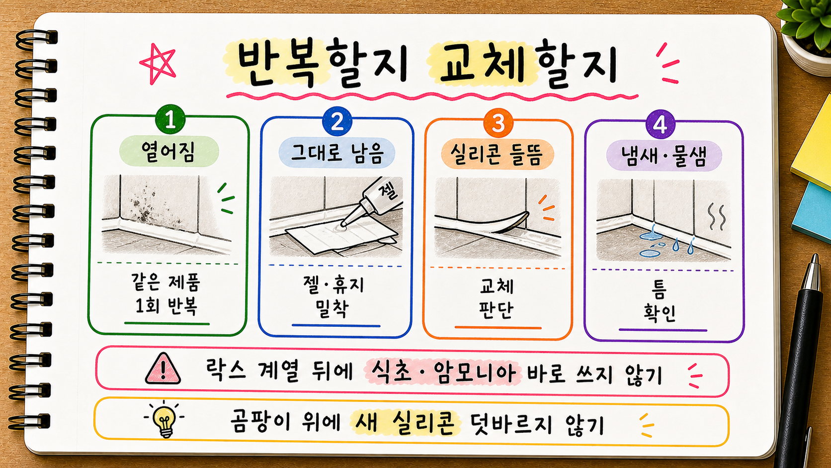 욕실 실리콘 곰팡이를 반복 처리할지 교체할지 판단하는 기준과 세정제 혼합 금지를 정리한 손글씨 카드