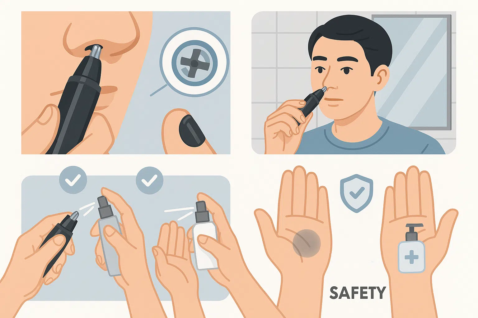 전용 코털 트리머로 코털을 정리하는 장면, 회전형 날 구조 확대, 사용 전후 손과 기기를 소독하는 모습, 밝은 조명 아래 거울을 보며 정리하는 사람, 안전·위생 강조