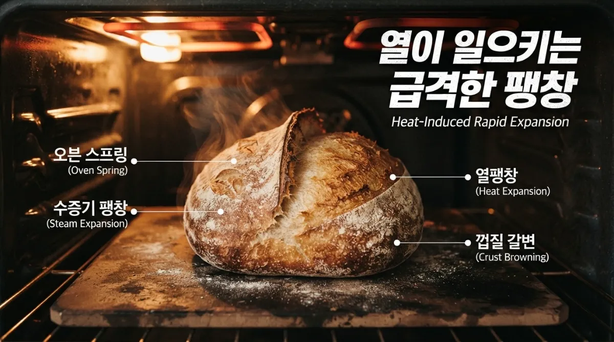 오븐 히팅 엘리먼트 아래에서 급격히 부풀어 껍질이 갈색으로 갈변되는 빵의 오븐 스프링 순간