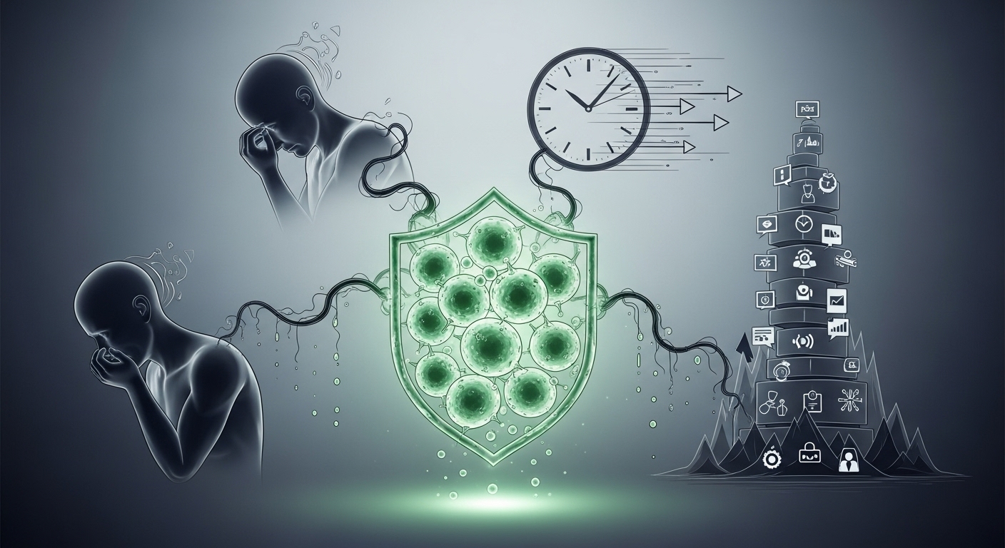 스트레스 요인들이 면역 방패에서 에너지를 빼앗아 면역력이 약화되는 모습을 상징하는 그림.