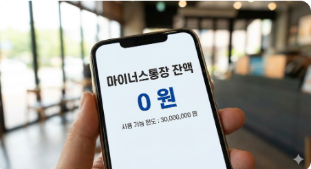 마이너스통장 잔액을 확인하고 '0원'에 가깝게 유지하는 스마트폰 캡처