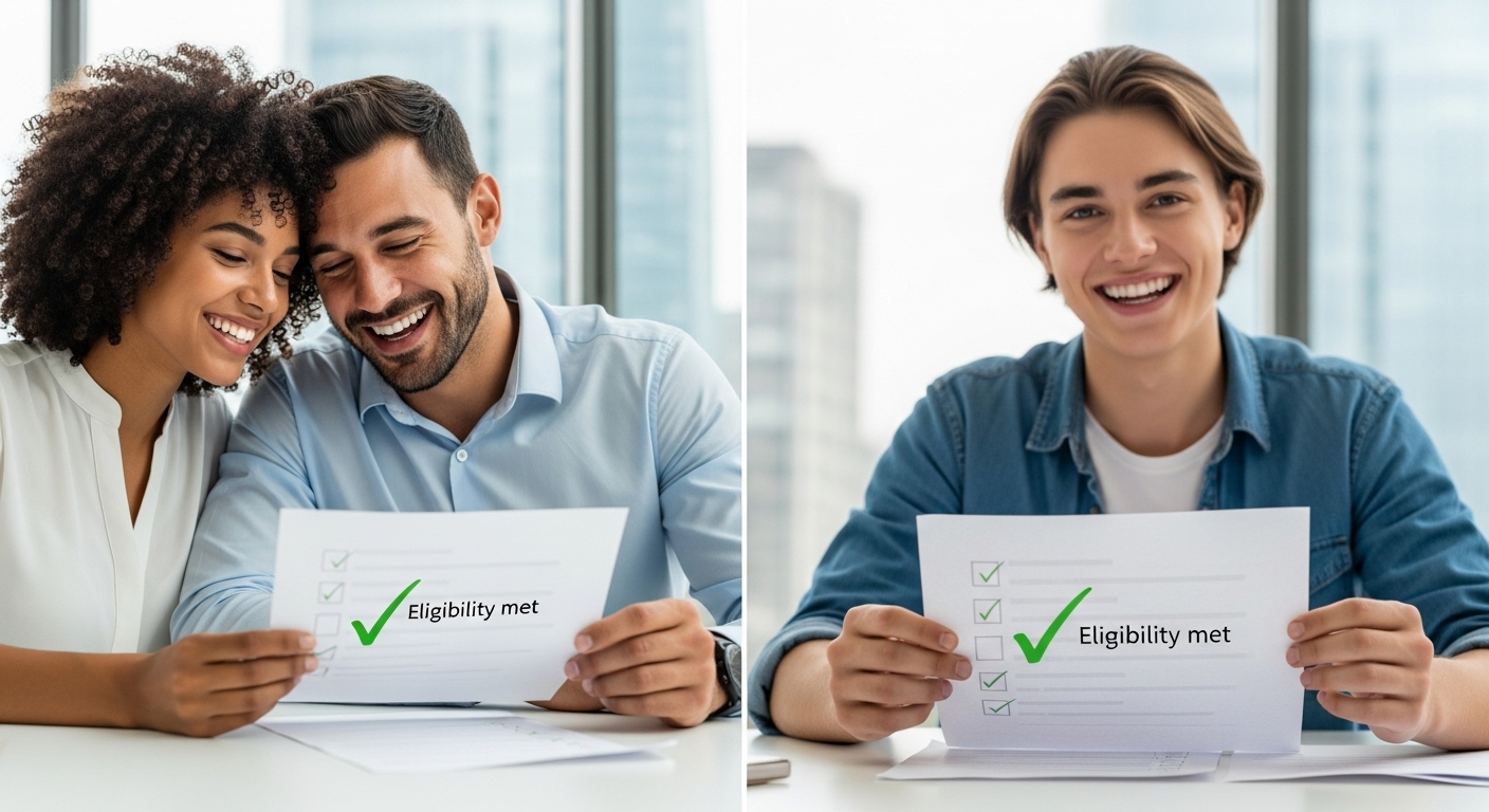 신혼부부와 청년이 서울시 주거지원 자격 조건을 확인하며 기뻐하는 모습.