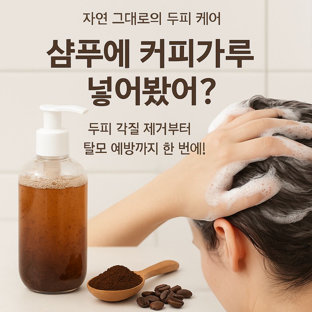 커피가루가 섞인 샴푸와 두피를 마사지하는 장면을 보여주는 이미지로, 자연 유래 성분을 활용한 두피 관리법을 표현한 사진