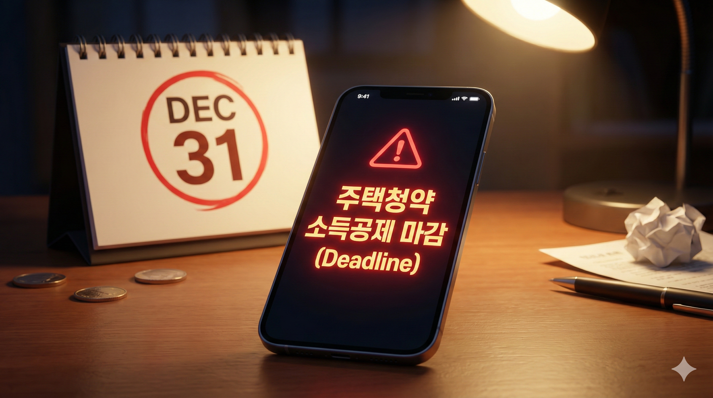 12월 31일 마감이 임박했음을 알리는 스마트폰 주택청약 소득공제 긴급 알림과 달력 3D 일러스트