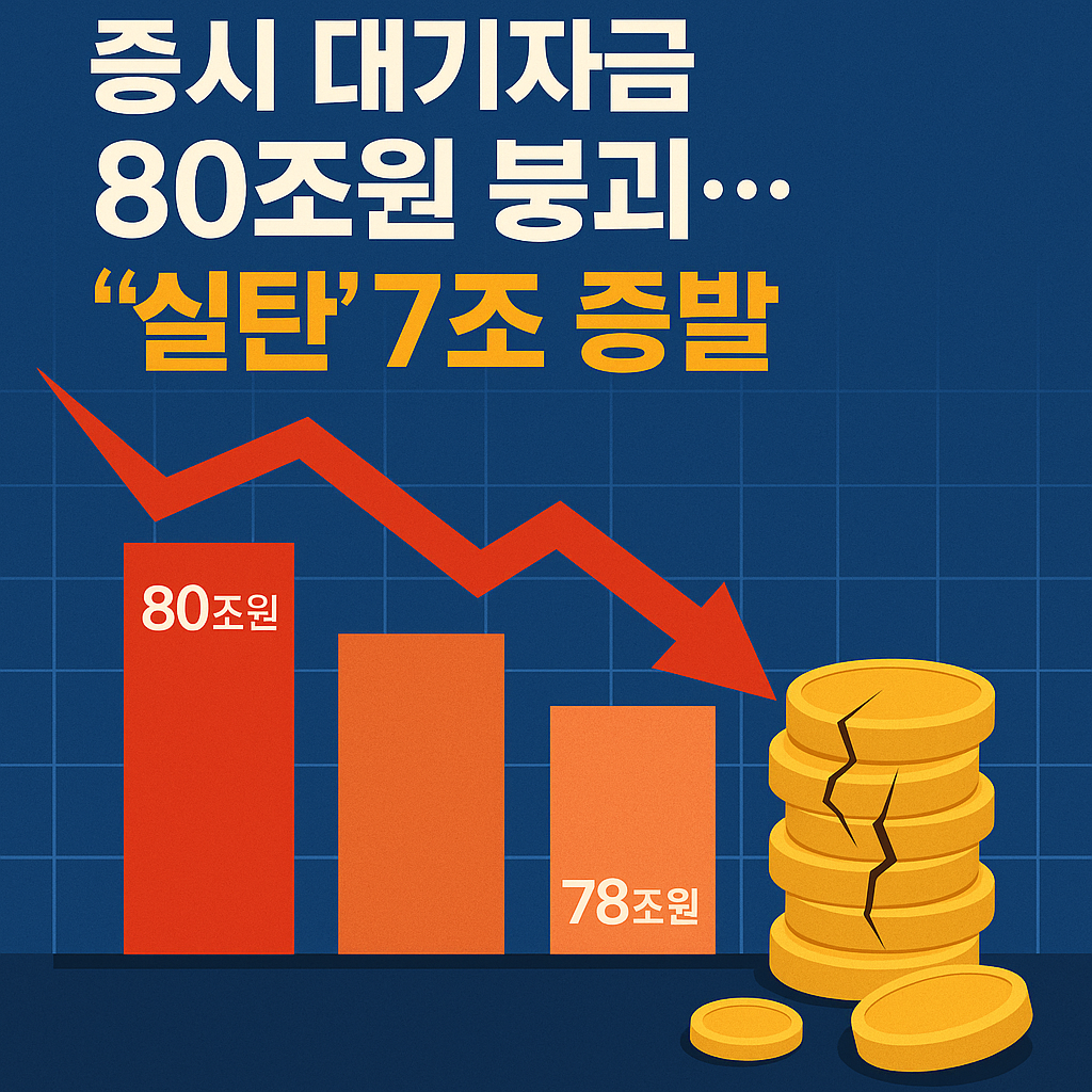 증시 대기자금 80조 붕괴와 7조 원 급감 상황을 시각화한 금융시장 썸네일 이미지