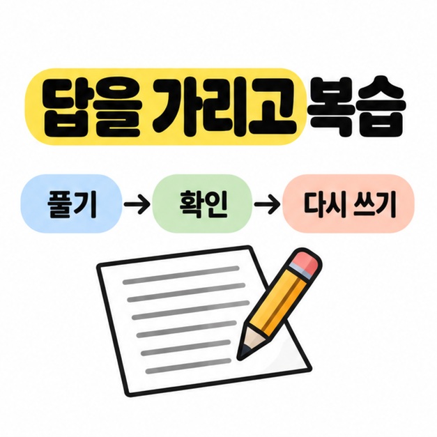풀기에서 확인을 거쳐 다시 쓰기로 이어지는 화살표와 답안지 및 연필 이미지