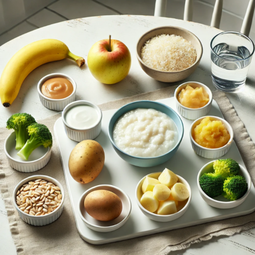 아기-장염에-좋은-음식들이-테이블-위에-올려져-있는-모습