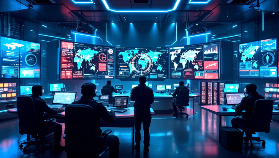 드론 작전과 사이버 보안, AI 자율 무기 시스템이 있는 디지털 방위 사령부 이미지