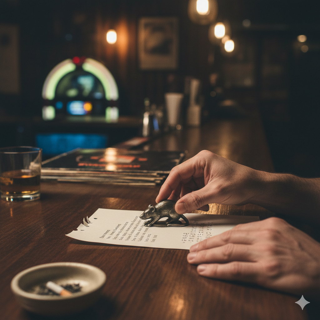 어두운 조명의 재즈바 카운터에서 한 남자가 종이 위에 작은 쥐 모양의 금속 오브제를 올려두고 만지는 클로즈업 장면이에요. 배경에는 빈티지 주크박스와 위스키 잔 그리고 재떨이가 놓여 있어 소설 속 인물 쥐와 작품 특유의 허무주의적인 분위기를 현대적인 감각으로 보여줘요.