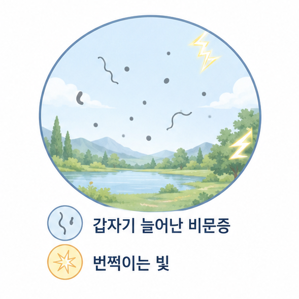 눈앞에 점과 실 모양의 비문증이 보이고 가장자리에서 빛이 번쩍이는 증상