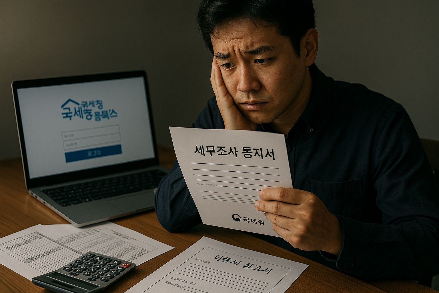 세무조사 통지서를 받은 후 걱정스러운 표정으로 재무서류와 홈택스를 확인하는 사업주의 모습 &ndash; 책상 위에 계산기와 회계자료가 펼쳐져 있음