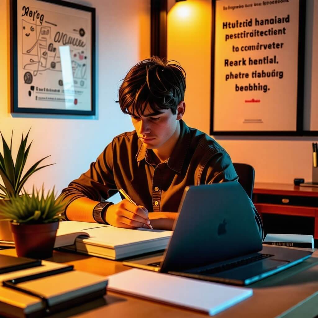 학생이 책상에 앉아 공부하는 모습. 책상 위에는 책과 노트북이 놓여 있습니다.