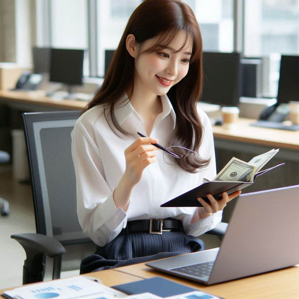 단기투자 성공 이후 쌓인 수익금을 다이어리에 기록하며 행복한 상상을 하는 직장인 투자자