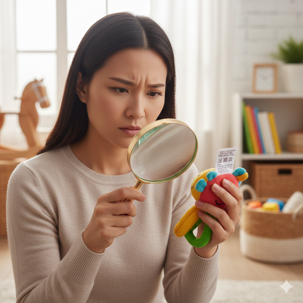돋보기를 들고 아기 장난감의 태그와 안전 마크를 꼼꼼하게 살피는 초보 엄마의 모습
